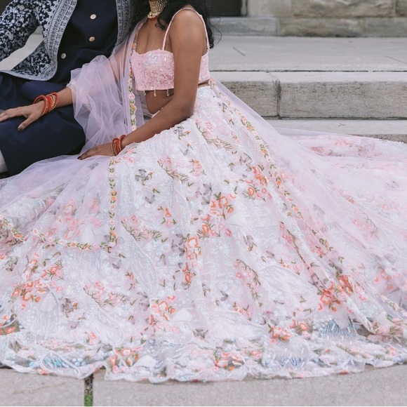 Pink flared bridal designer lehenga with all-over heavy floral embroidery - Picture 3 of 6
